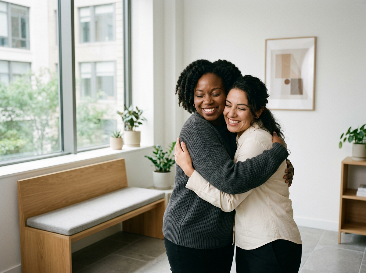 Two women hugging and smiling after sharing an experience that strengthened their sisterhood.