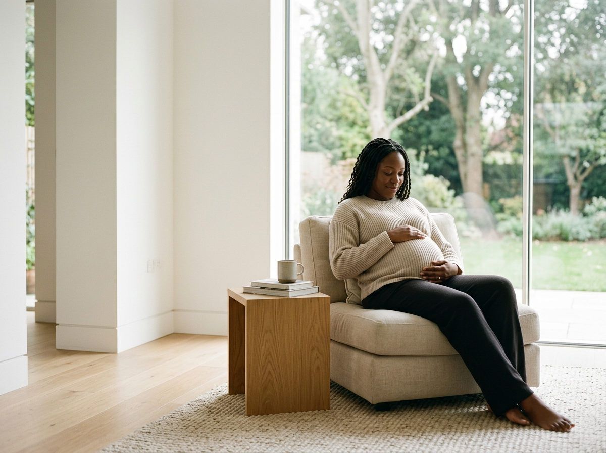 Pregnant woman sitting in a peaceful setting that supports an empowered version of herself. She appears regulated after time connecting with her body, mind and spirit.