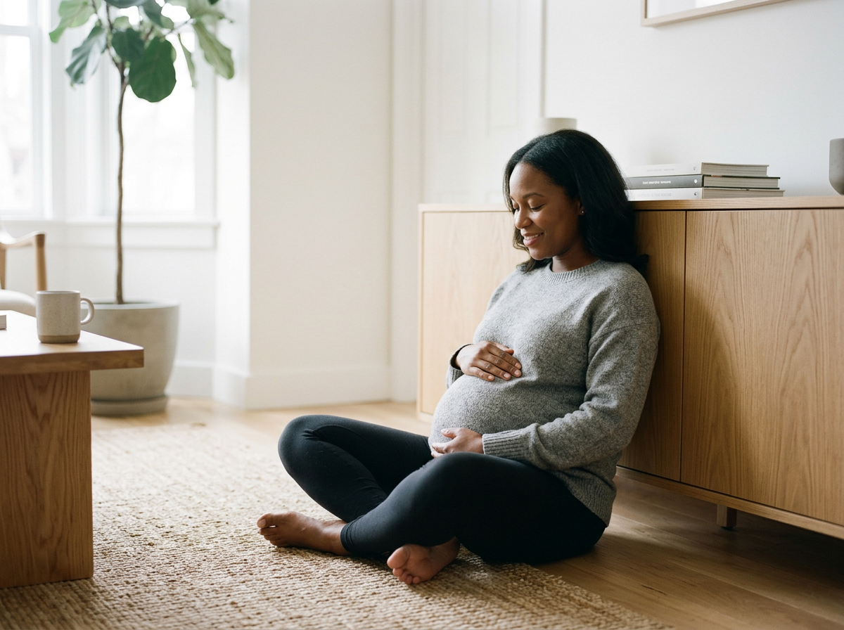 A pregnant woman sitting on the floor in a well-lit room, touching her belly to communicate with the life force growing inside of her. She has received some significant knowledge on the development of her baby and herself.
