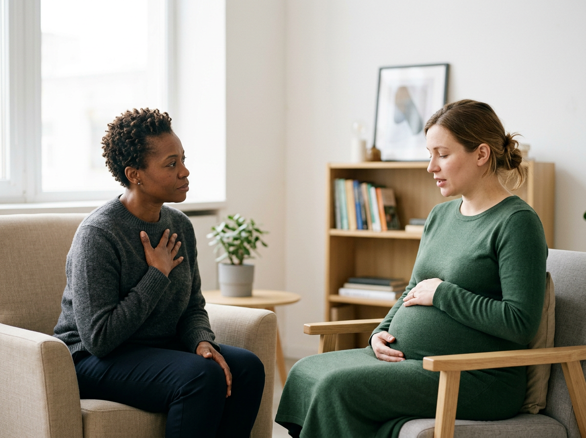 A woman with short curly hair wearing a dark gray sweater sits on a beige armchair, touching her chest with her right hand, listening attentively. Another woman in late pregnancy is receiving support for her anxious thoughts and fears.