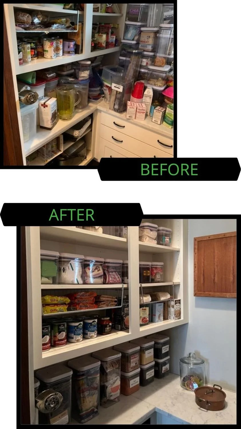 Organized pantry with labeled containers and neatly arranged food items, showing an improved storage system.