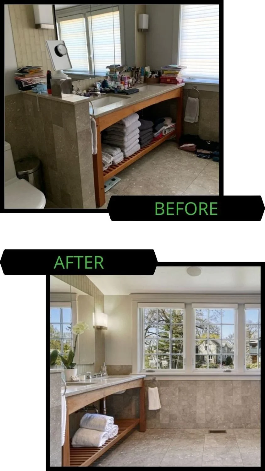 A bathroom before and after renovation. The before image shows a cluttered countertop with toiletries, towels, and papers. The after image features a clean, minimalistic space with a large window, a potted orchid, and neatly organized towels.