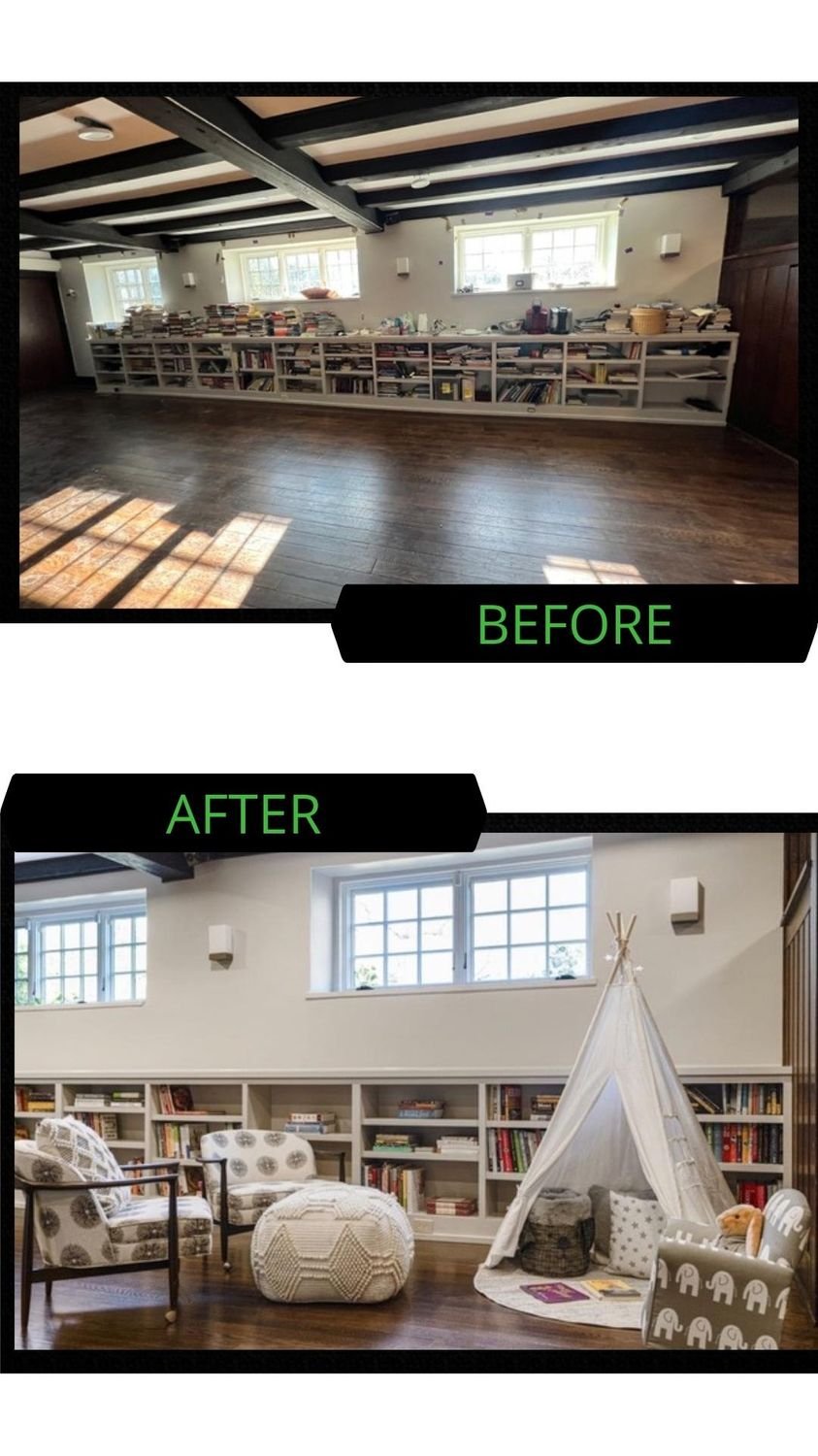Comparison of a living room before and after renovation, showing cleaned and decorated space with bookshelves, chairs, and tent in the after photo.