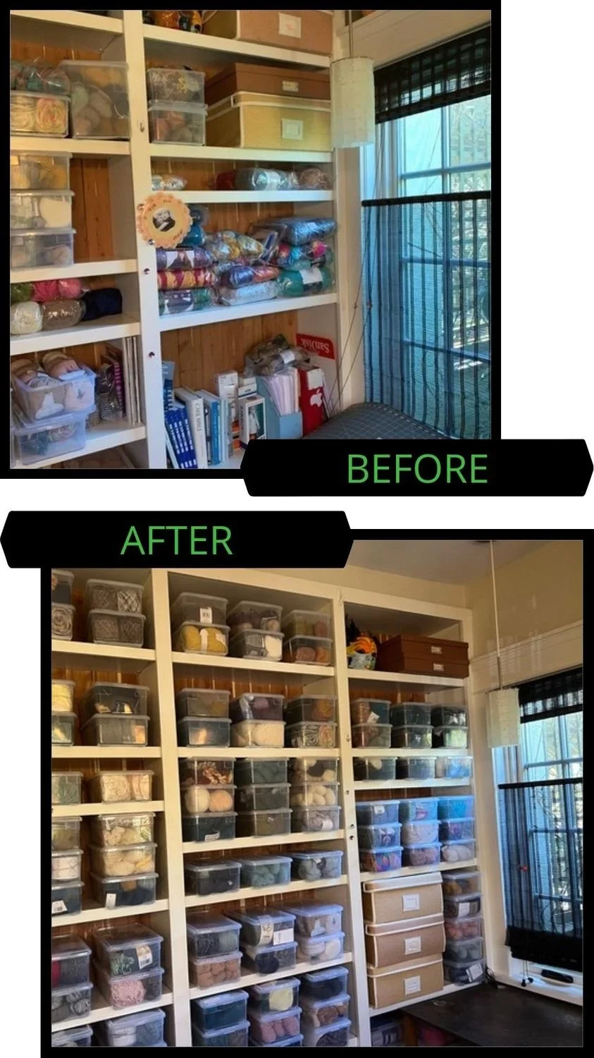 Before and after images of a closet or storage space. The 'before' image shows a cluttered shelf with yarn and craft supplies, while the 'after' image displays a neatly organized shelf with clear plastic bins, labeled and sorted by color or type.