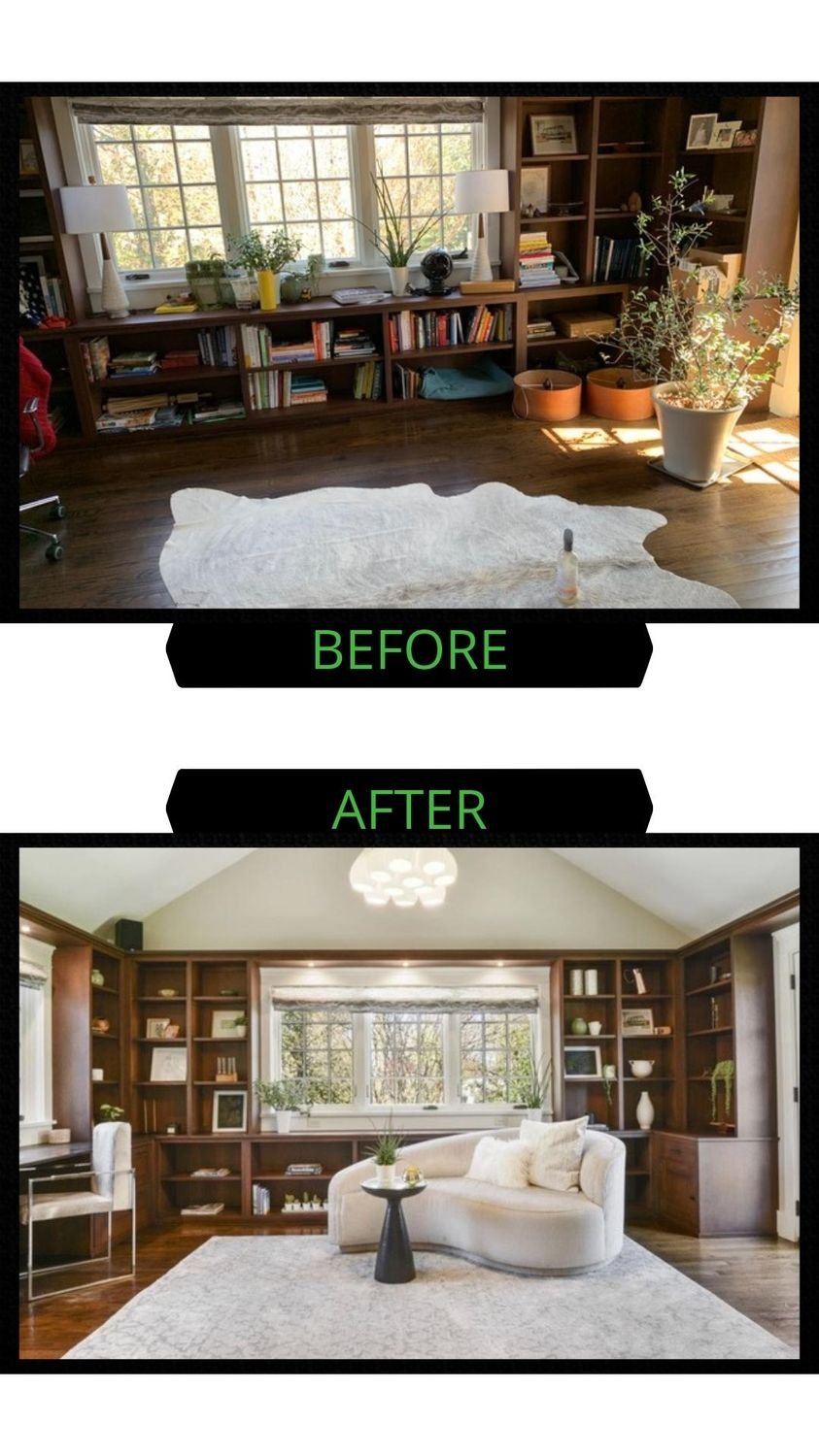 Comparison of a living room before and after renovation, showing a cluttered space with bookshelves and a white rug, and a renovated space with a white sofa, a black coffee table, and organized bookshelves with plants.