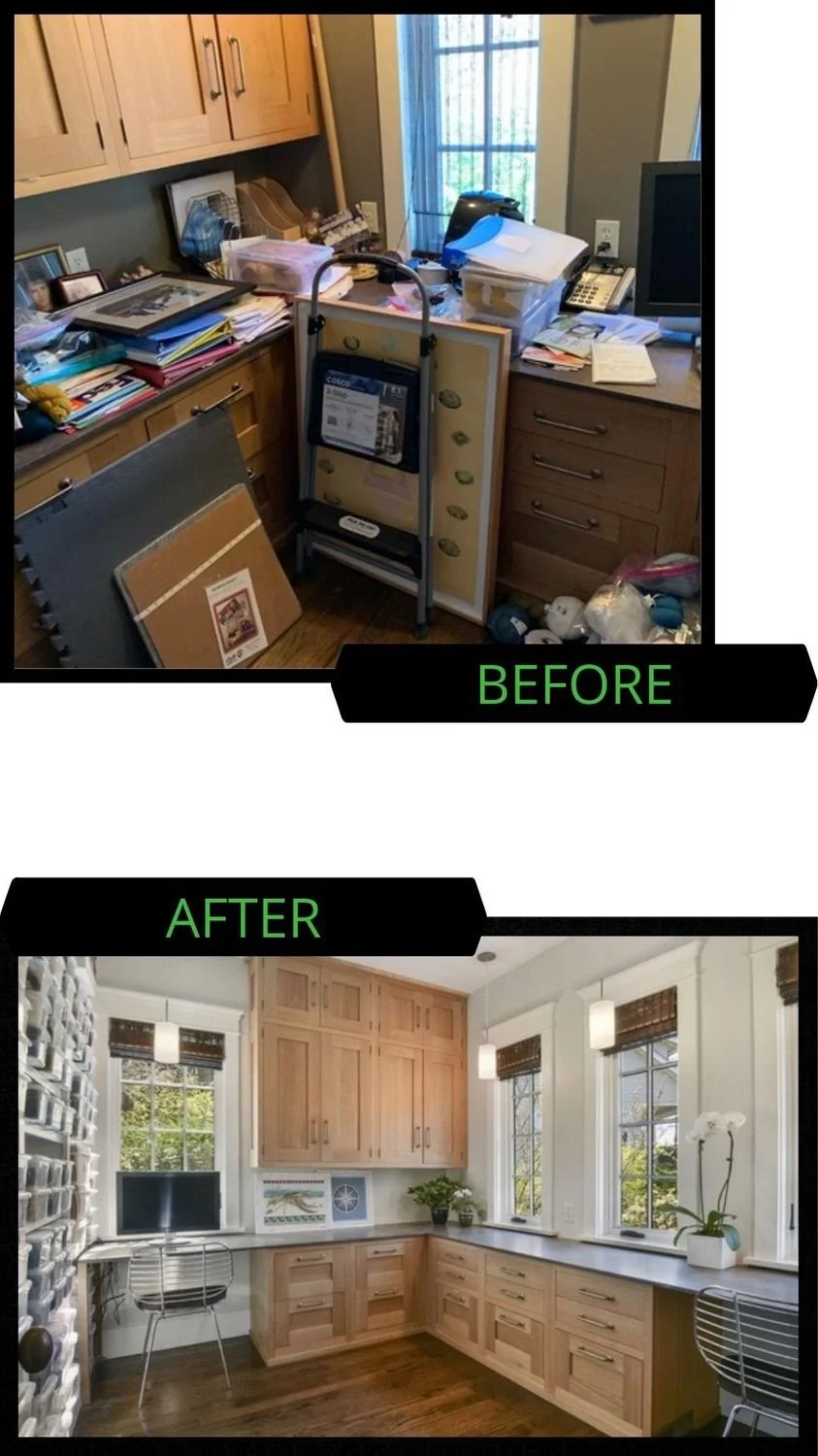 Comparison of a cluttered, disorganized kitchen with items like files, a rolling cart, and papers in the 'before' image, and a tidy, modern kitchen with wooden cabinets, large windows, and minimal decor in the 'after' image.