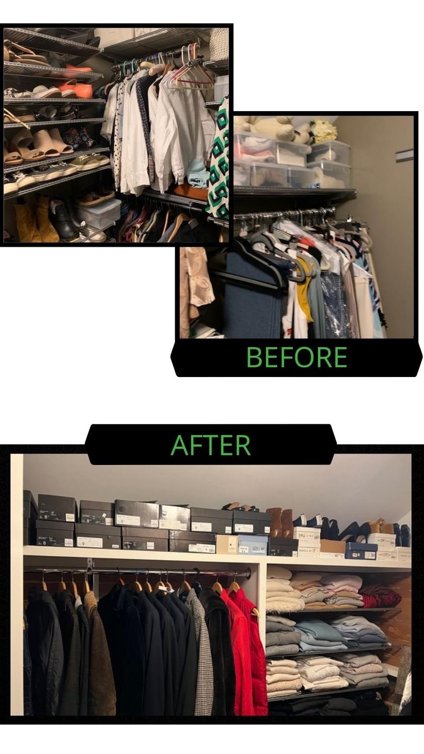 Side-by-side comparison of a closet before and after organization showing clothing, shoes, and storage boxes organized neatly.