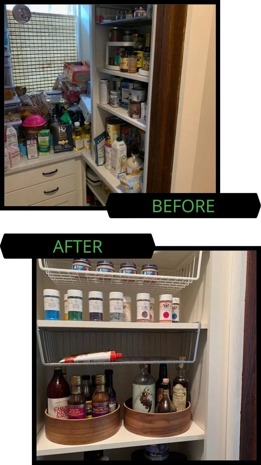 Before and after photos of a kitchen cabinet organized with supplements, spices, sauces, and food items.