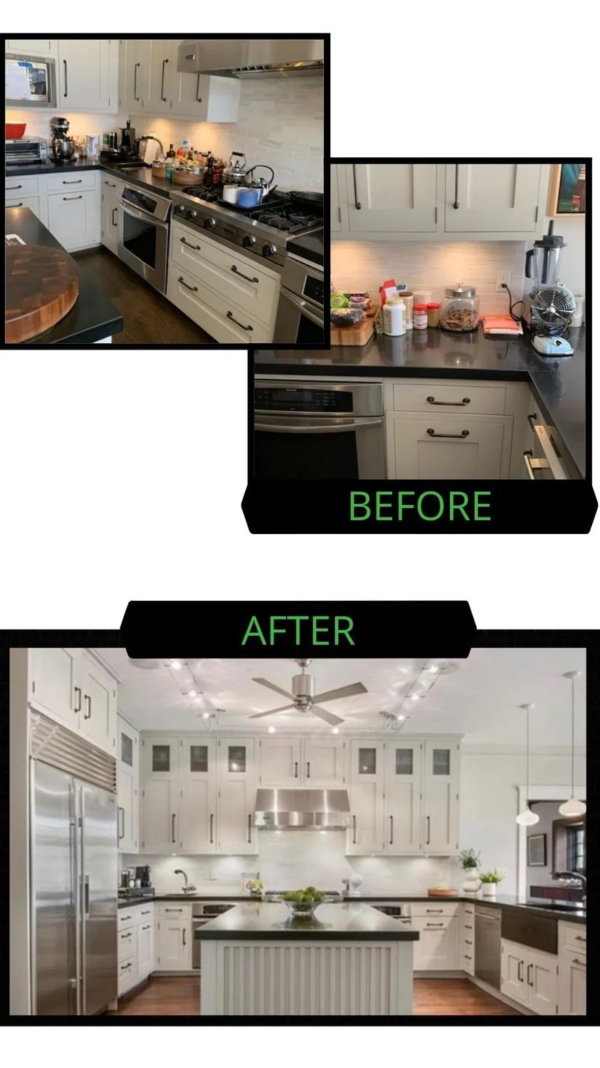 Comparison of a kitchen before and after renovation. The before photo shows a darker, cluttered kitchen with black countertops, white cabinets, and various kitchen items on the counter. The after photo depicts a brighter, modern kitchen with white ca
