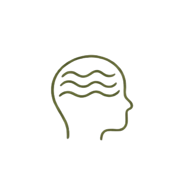 Outline of a human head with wavy lines representing brain waves or thoughts.