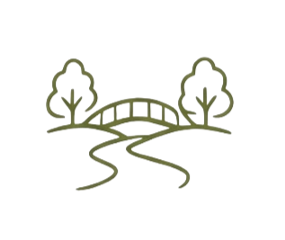 Simple line drawing of a park with two trees, a bridge, and a winding path.