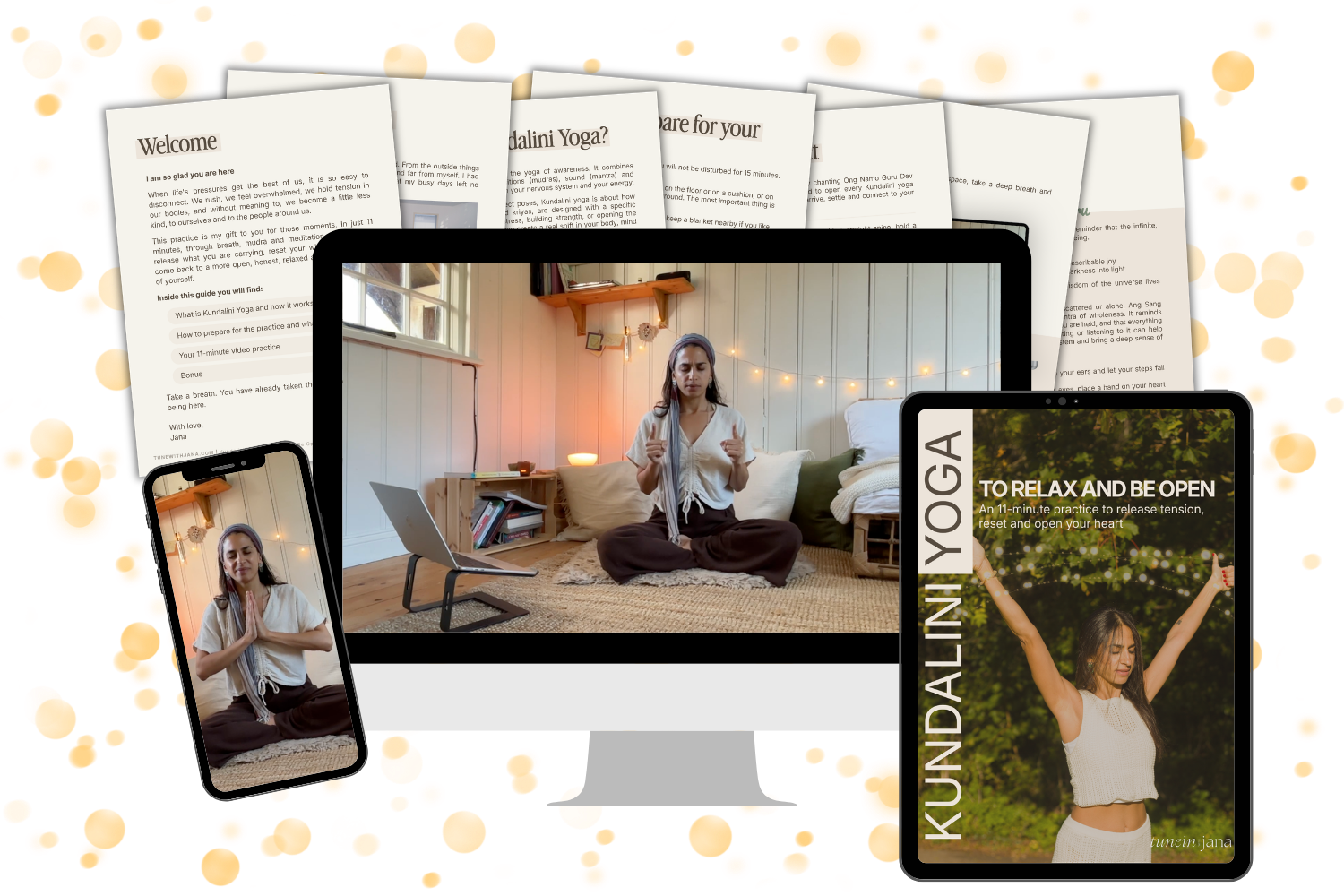 Free Kundalini yoga practice video, mantra sheet and recordings on laptop, phone and tablet
