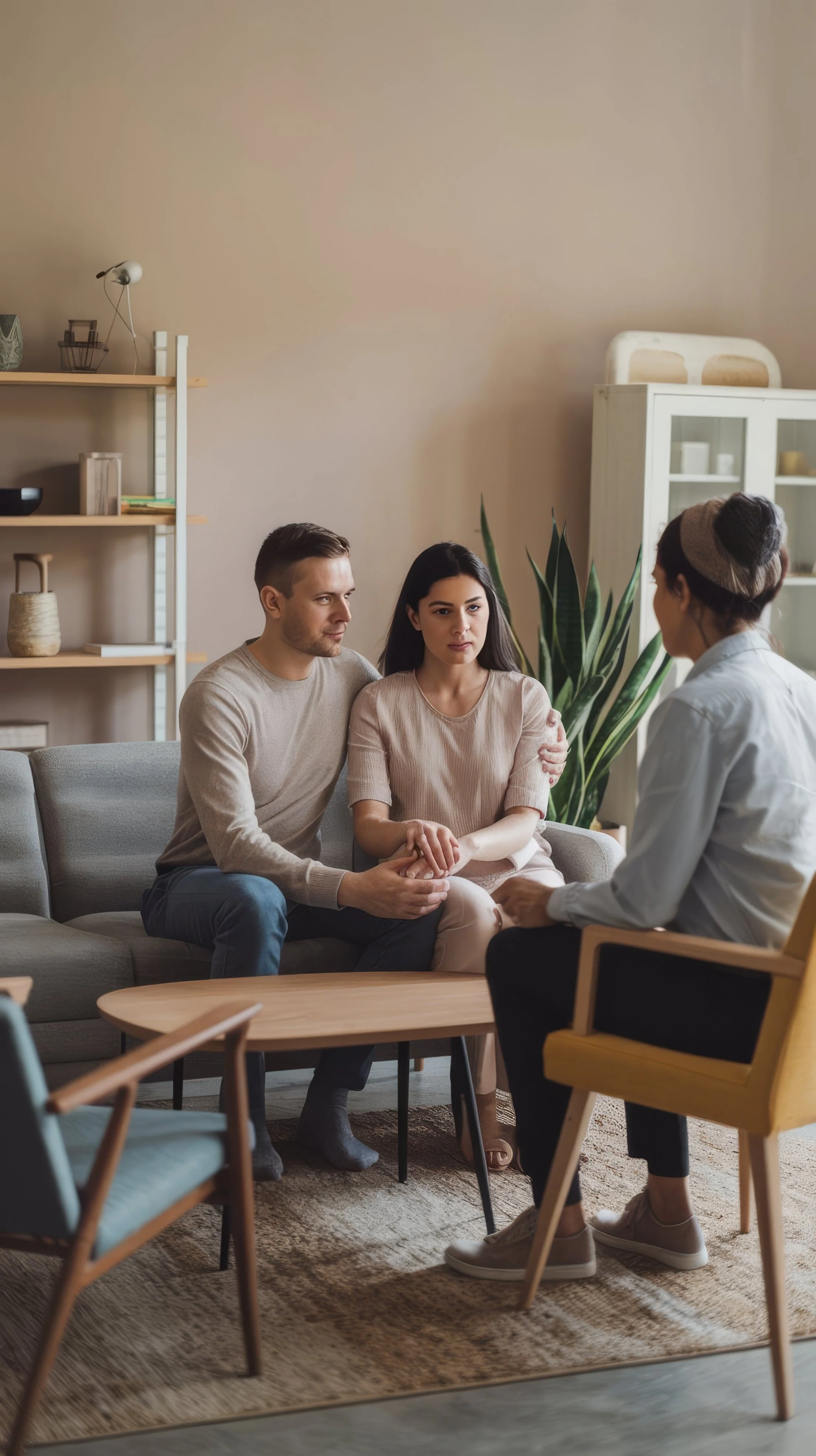 A couple sitting on a sofa holding hands, talking with a therapist or counselor in a cozy living room.