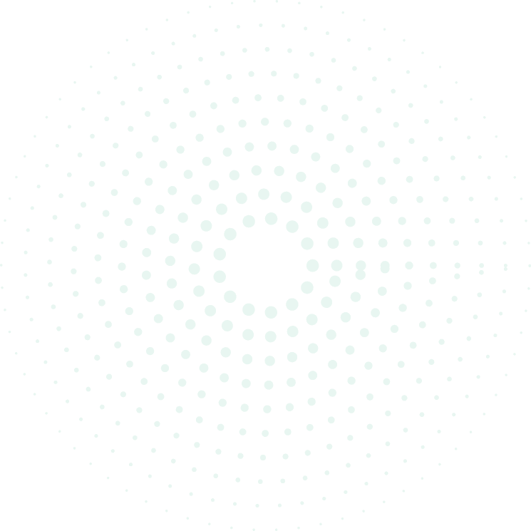A digital abstract design featuring concentric circles of teal dots against a black background, creating a hypnotic pattern.