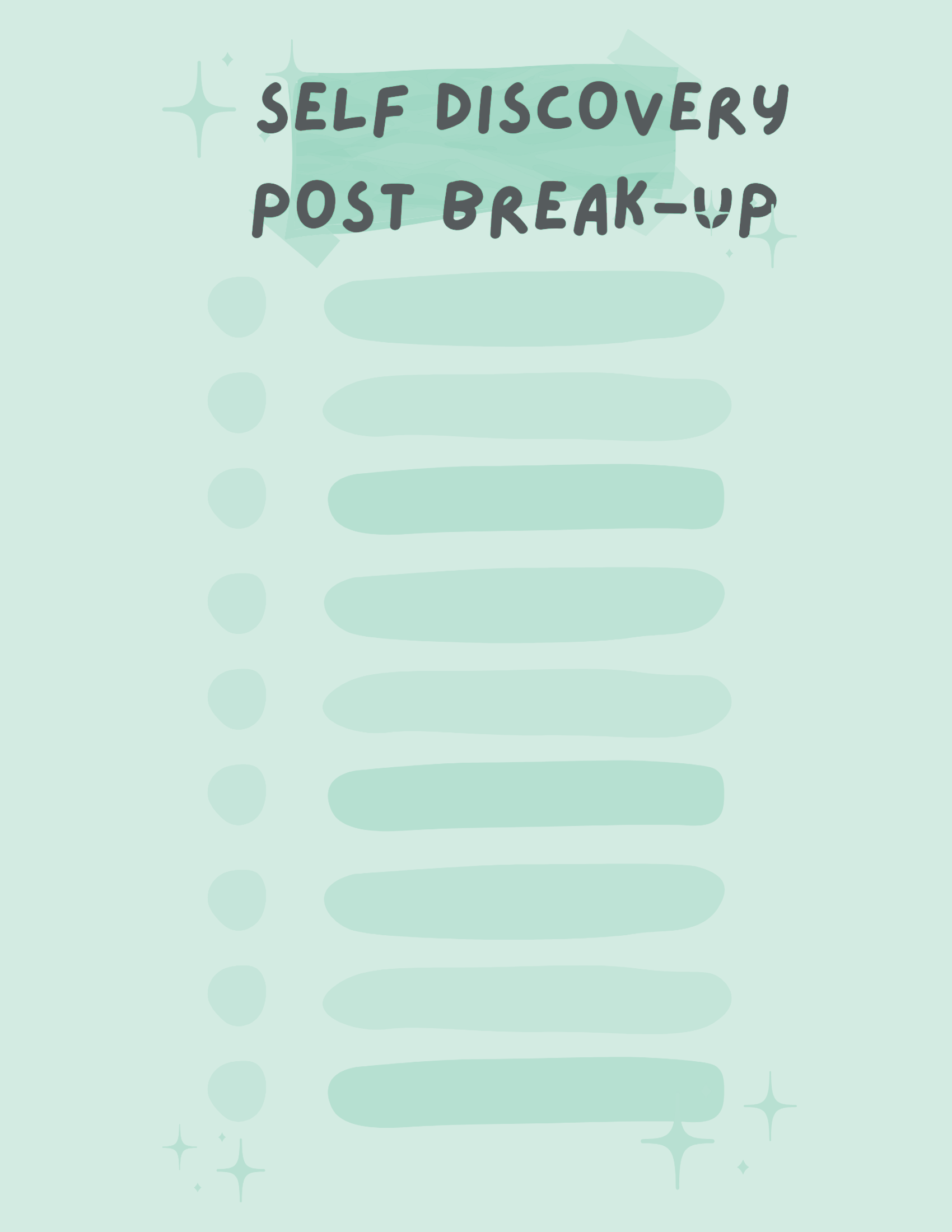 A pastel green background with a message in dark gray text that reads "Self Discovery Post Break-Up". The background has decorative sparkles and abstract shapes.