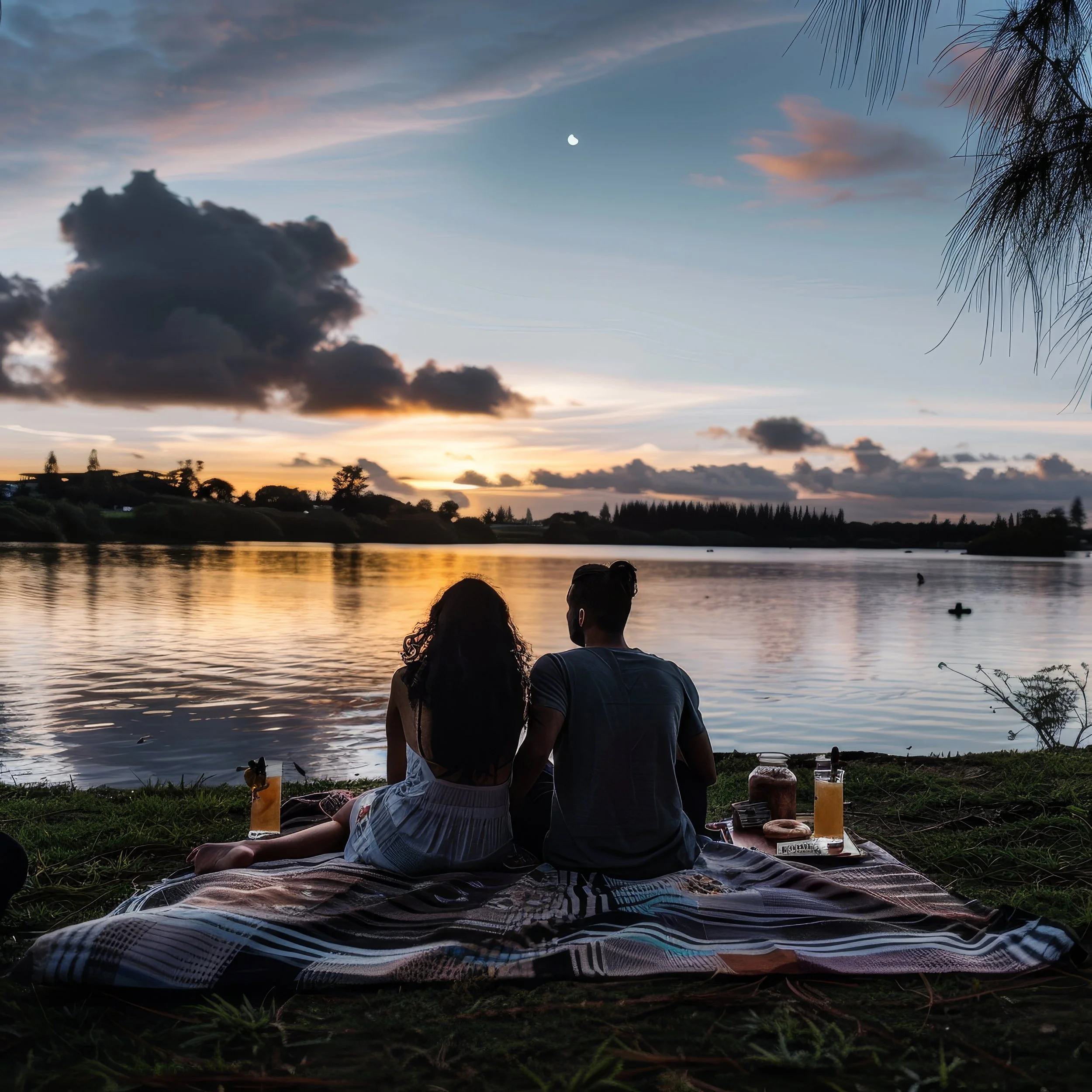 Two people sitting by a river at sunset with their backs to the camera, reflecting on the water, with trees and clouds in the sky.