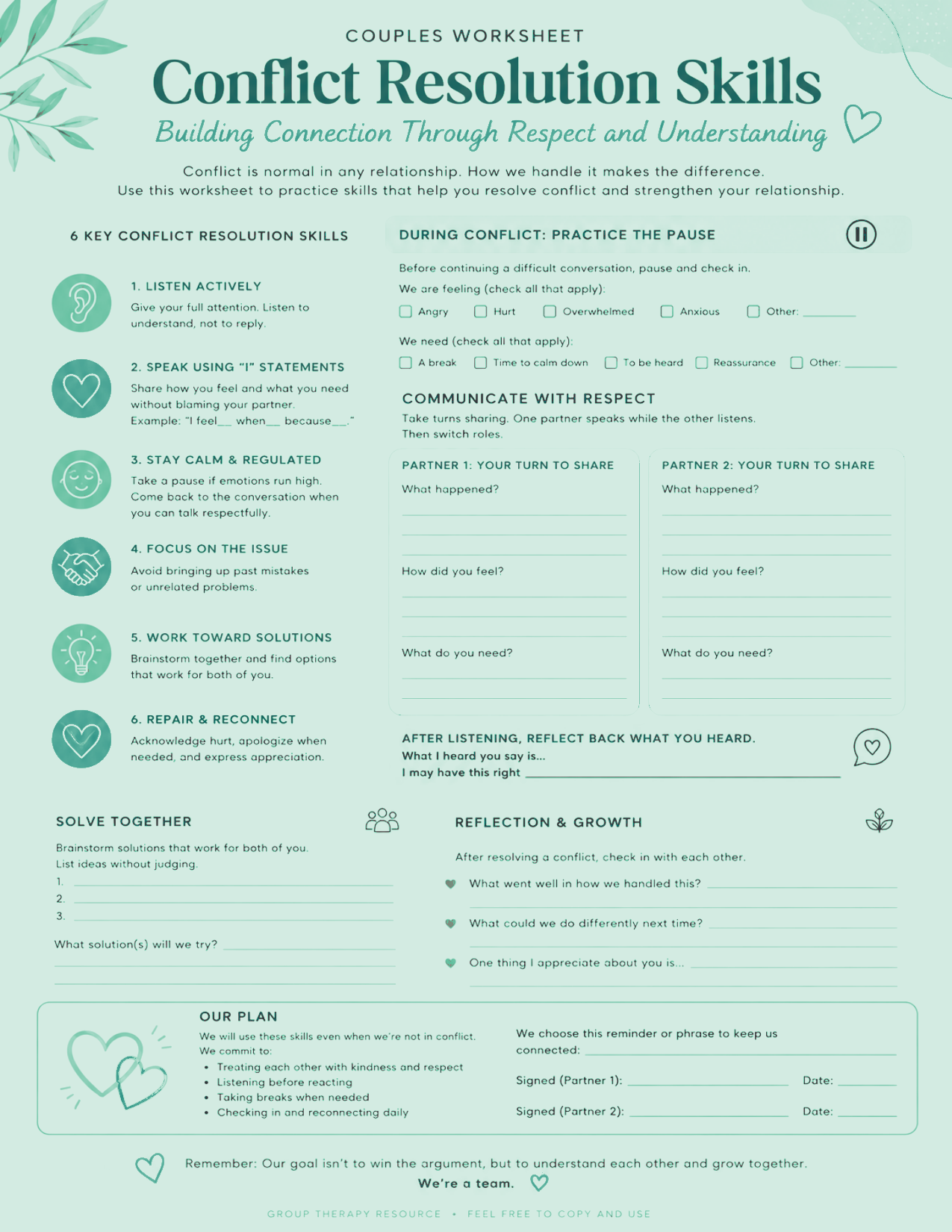 A couples worksheet titled 'Conflict Resolution Skills' with tips for building connection through respect and understanding, featuring sections for listening actively, speaking with 'I' statements, staying calm, focusing on issues, working on solutions, and repairing connections.