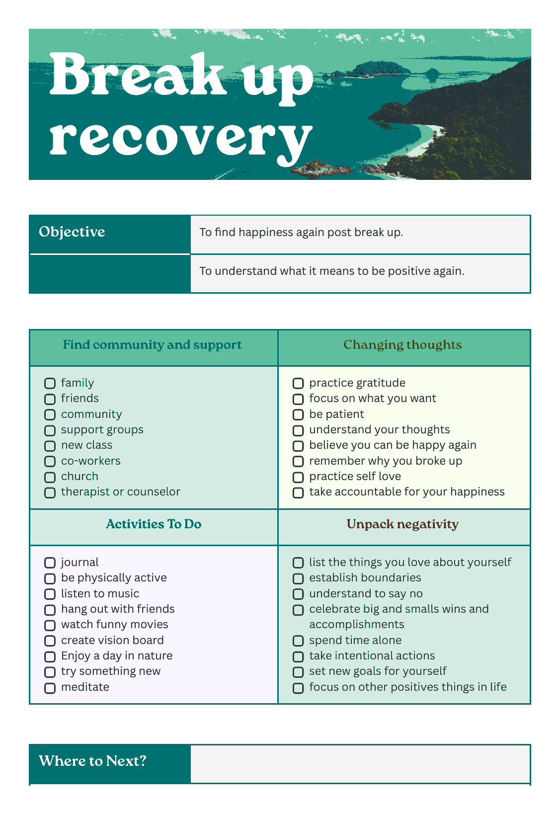 A digital infographic titled "Break up recovery" with sections on finding community and support, changing thoughts, activities to do, and unpack negativity, featuring a scenic body of water and trees at the top.