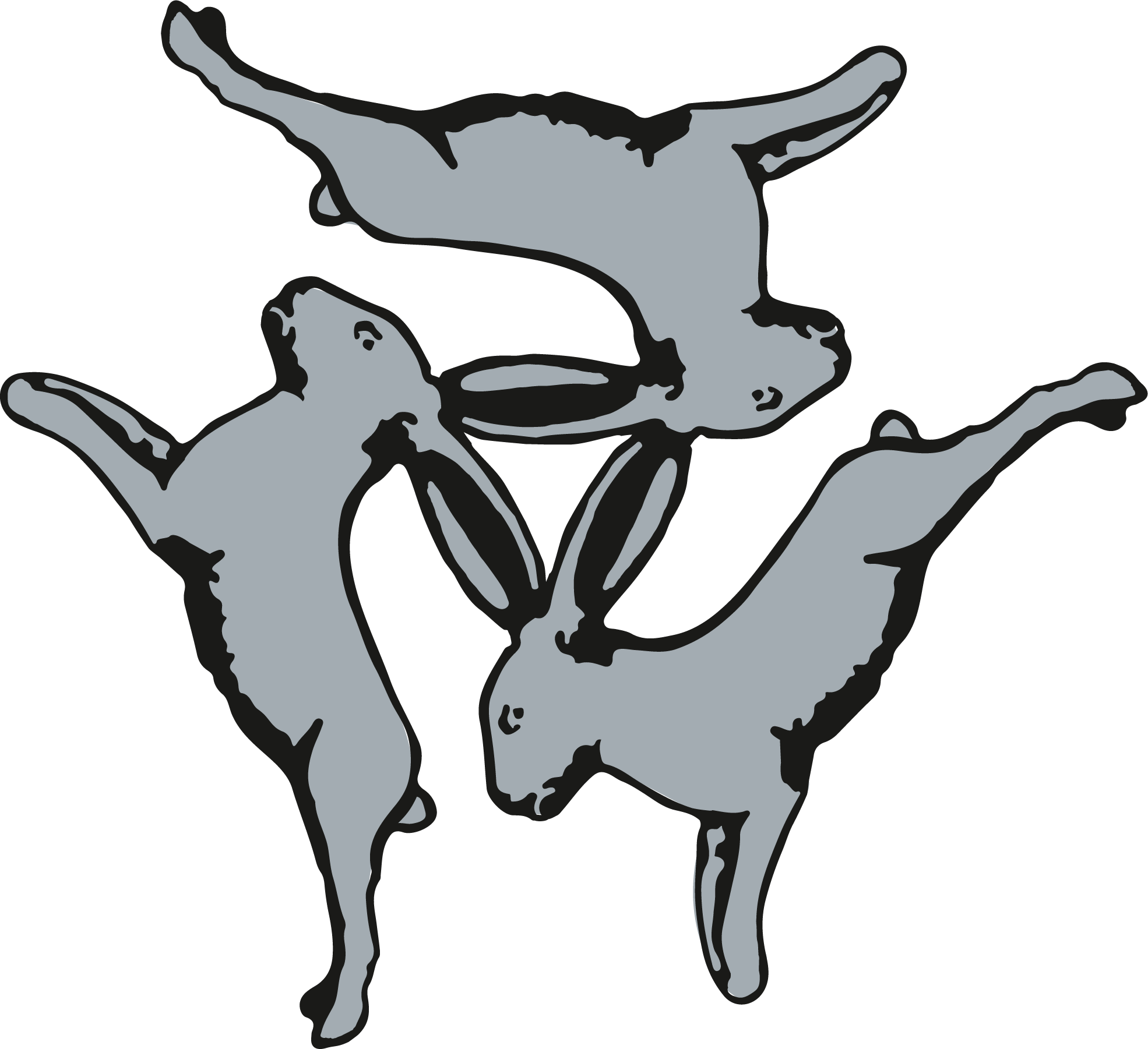 Logo des theater 3 hasen oben. 3 Hasen, die sich an den Ohren treffen.