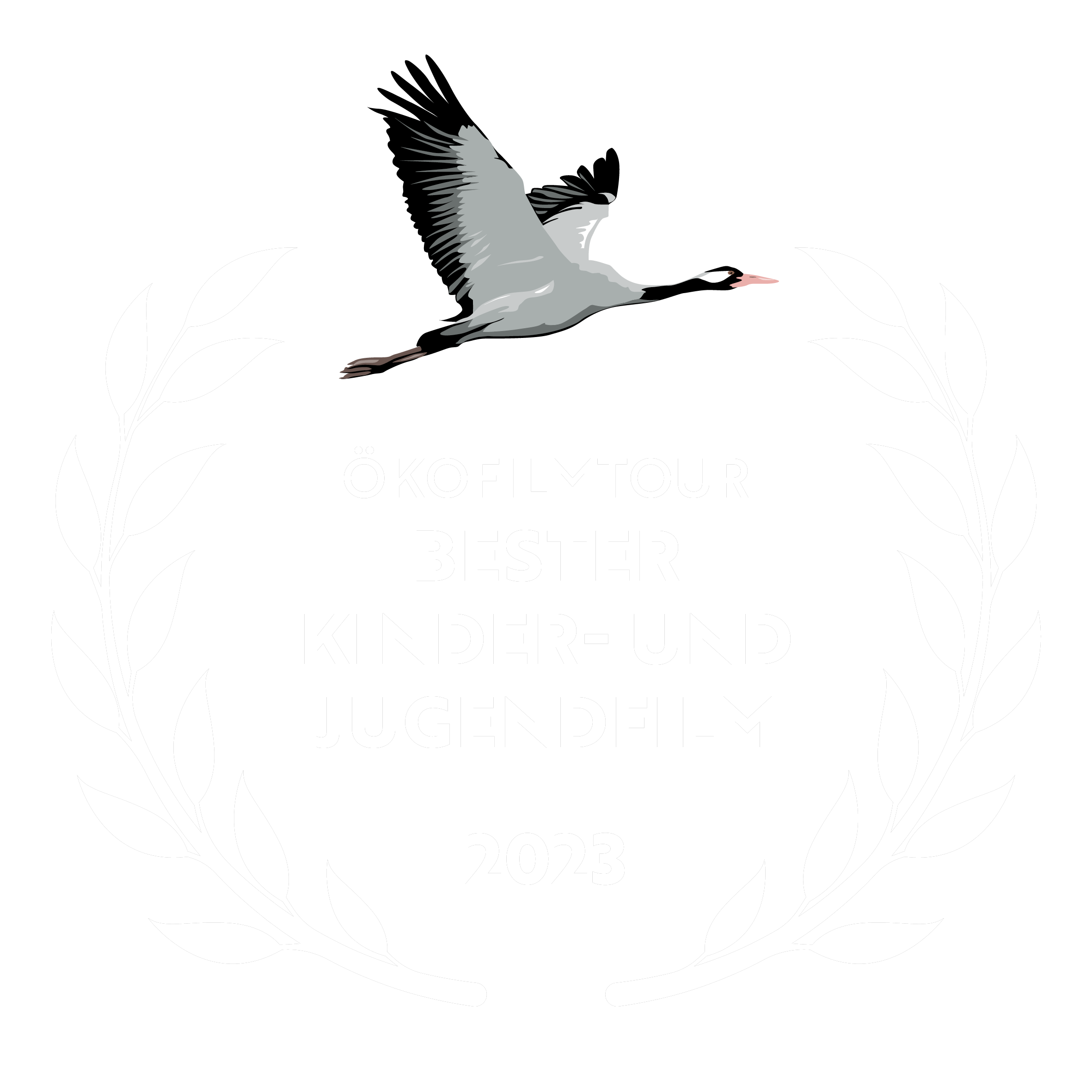 Schwarzes Bild mit weißem Schriftzug ‚Ökofilm Tour Bester Kinder- und Jugendfilm 2023’ und einer weißen Tanzvogel-Illustration, die von stilisierten weißen Blättern umrahmt wird.