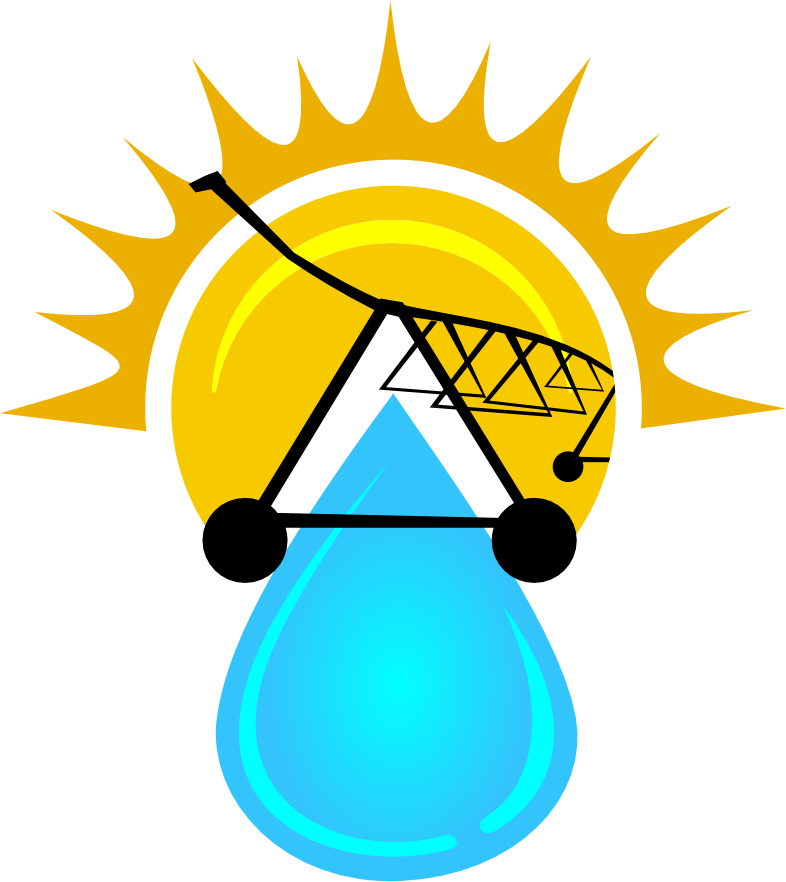 A water droplet in the foreground, a yellow sun with rays, a tower crane with a suspended hook, and a black triangle structure against a background of the sun and a dark sky.