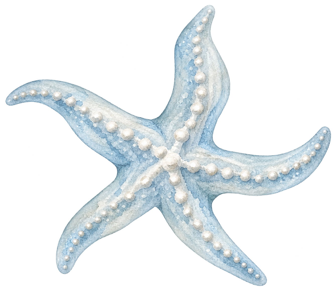 A watercolor illustration of a starfish with a blue and white coloration and textured surface with raised white bumps.