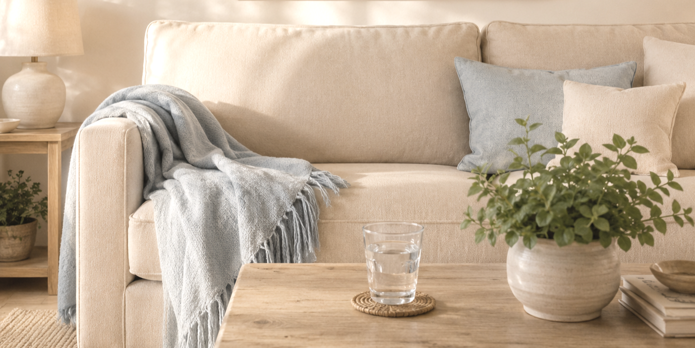 Living room with beige sofa, light blue and beige cushions, a throw blanket, a wooden side table with a lamp, a potted plant, a glass of water on a coaster, and books on a wooden coffee table.