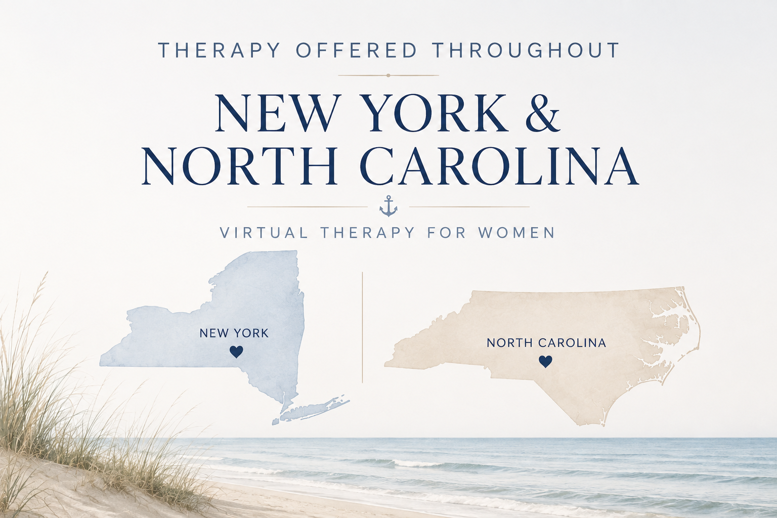 Map showing New York and North Carolina with hearts indicating therapy locations, overlaid on a beach background.