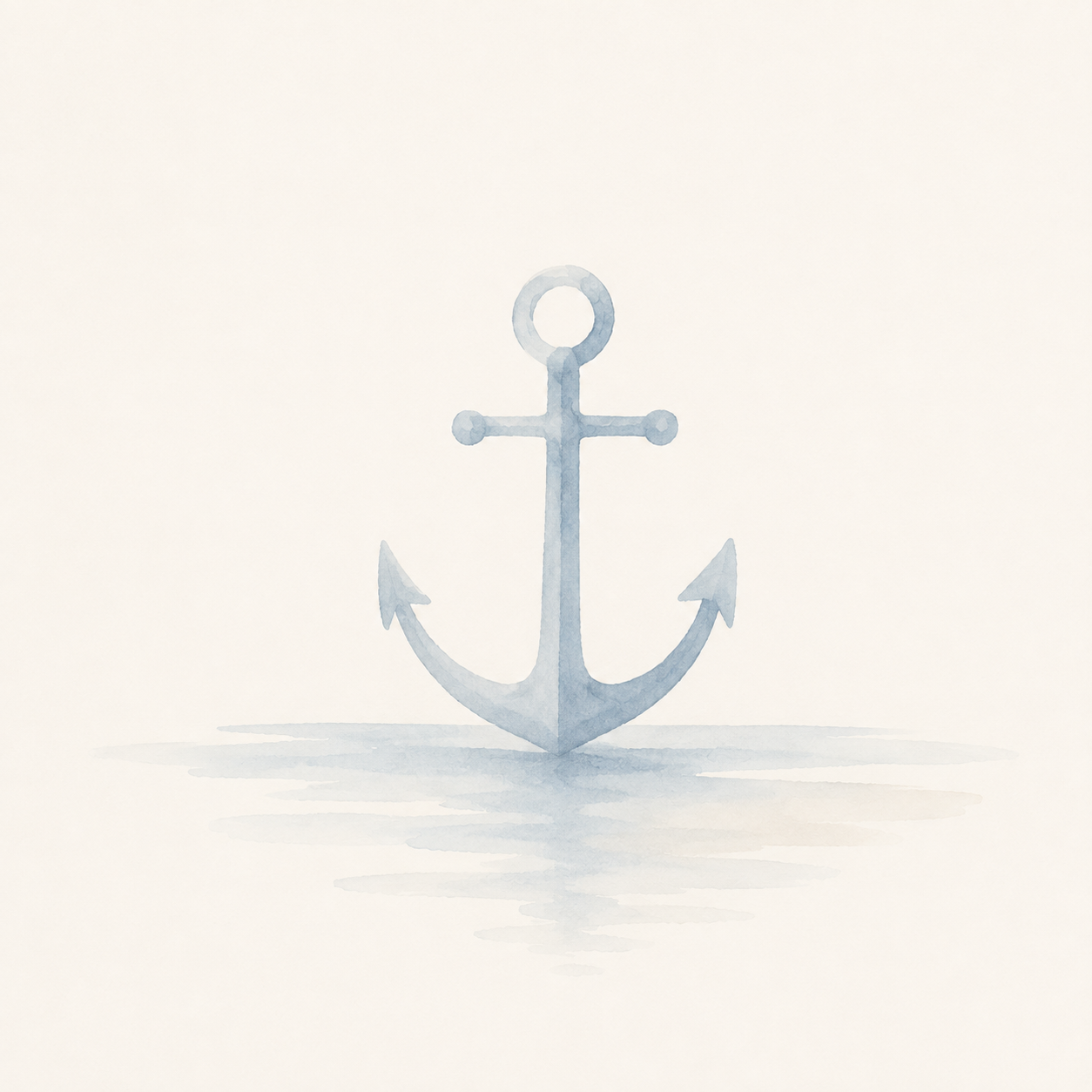 Watercolor illustration of a blue anchor casting a shadow on a light background.