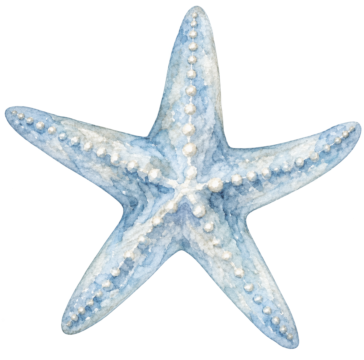 Watercolor painting of a blue and white starfish with pearl-like decorations along its arms.
