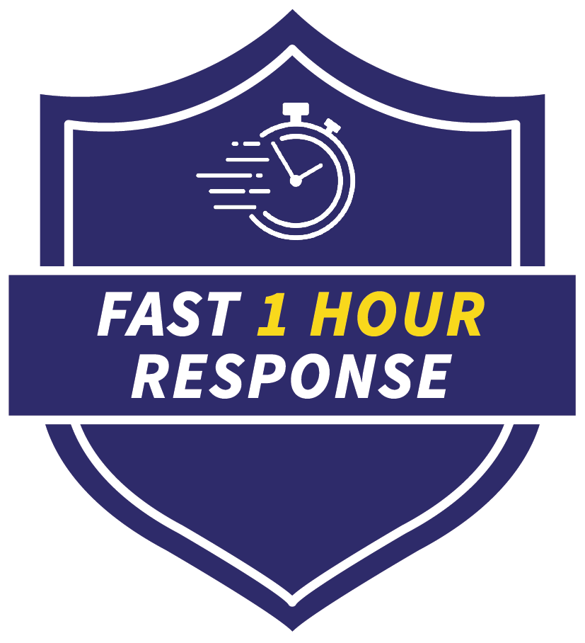 A badge with a timer icon and text that reads "Fast 1 Hour Response" in white and yellow lettering on a dark blue shield background.