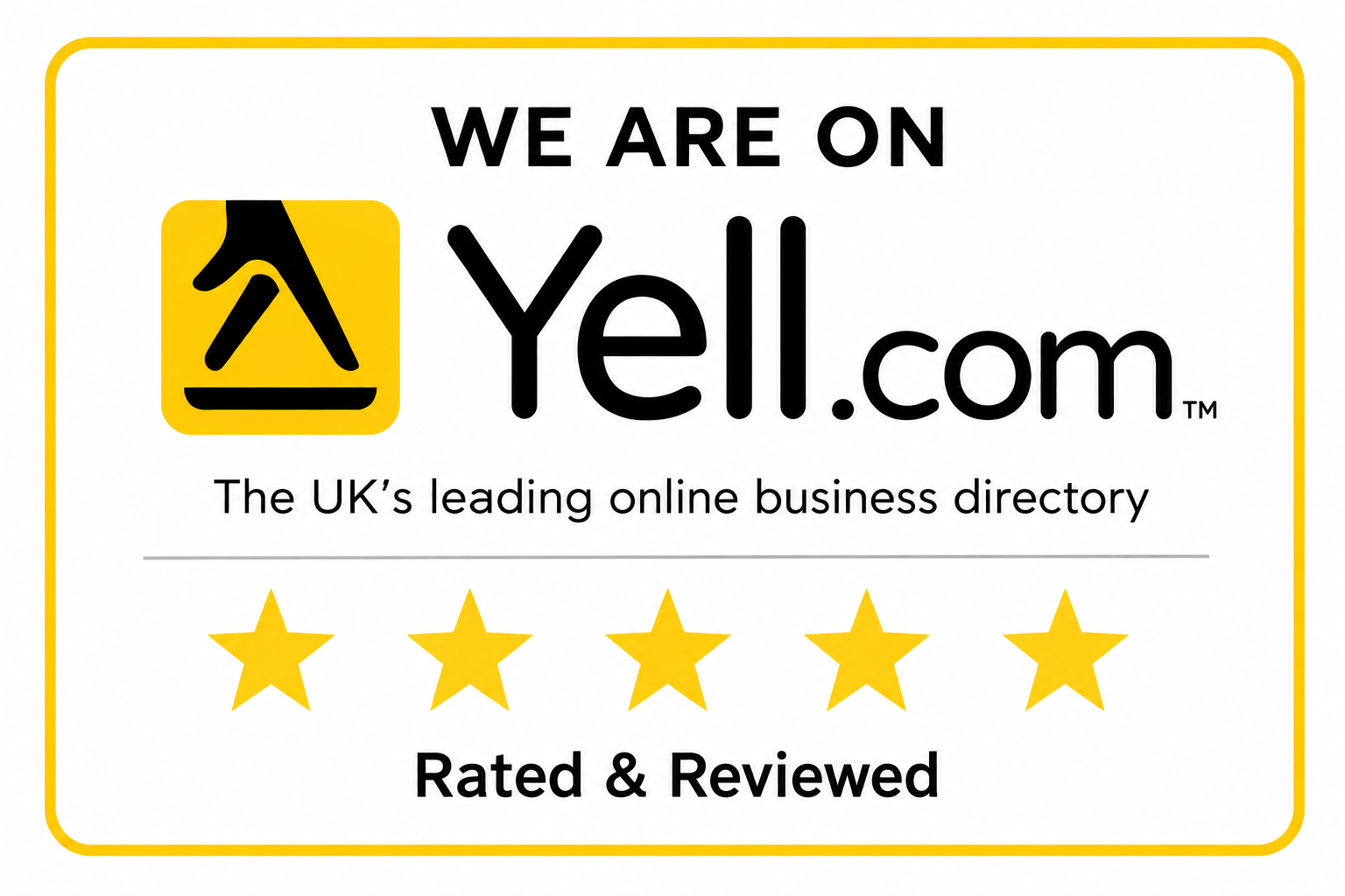Yell.com logo with five gold stars, text stating 'We are on Yell.com, The UK's leading online business directory, Rated & Reviewed'