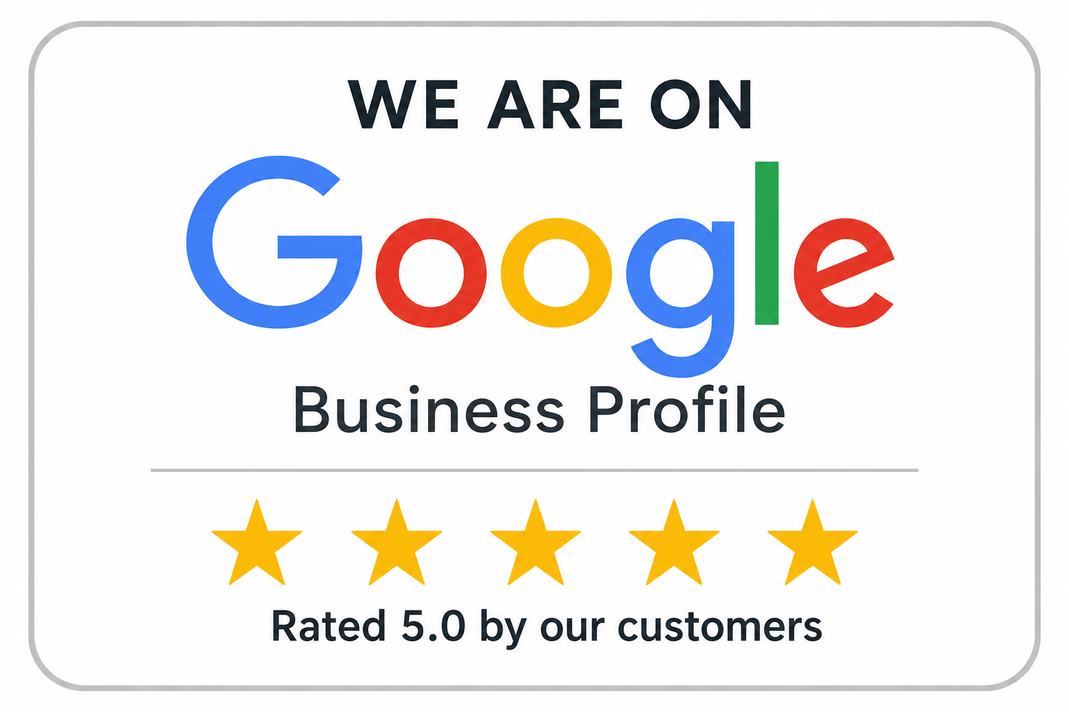 Google business profile with five-star rating and 5.0 rating score.