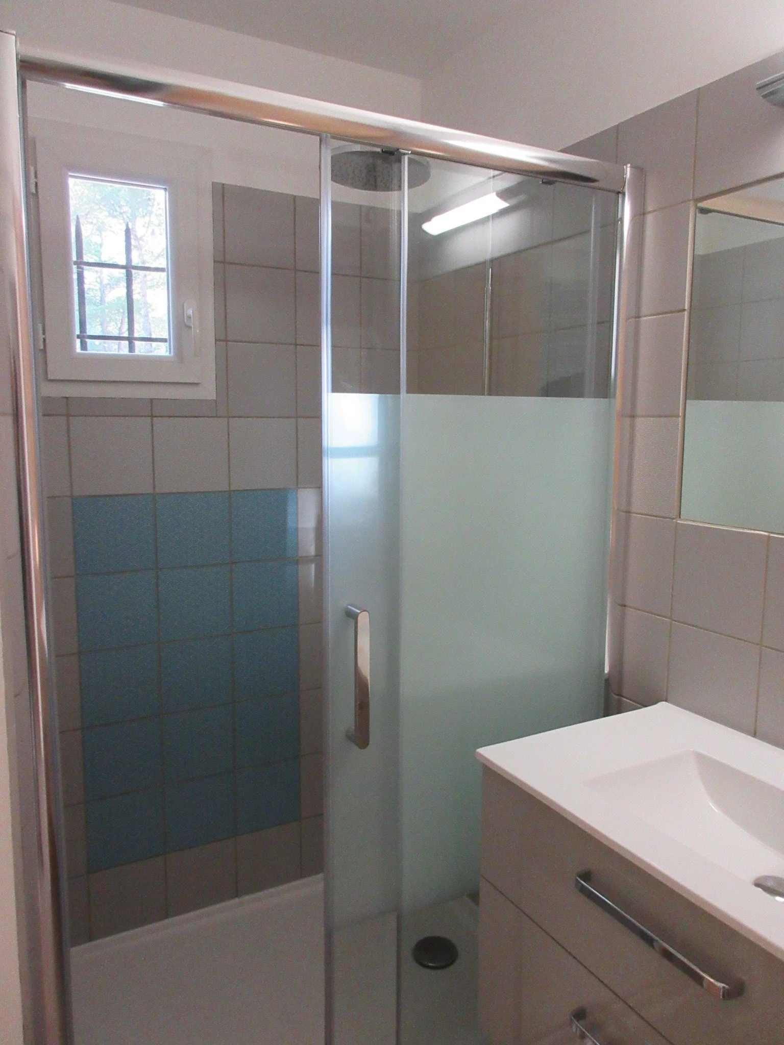 Salle de bain avec douche, lavabo et miroir.