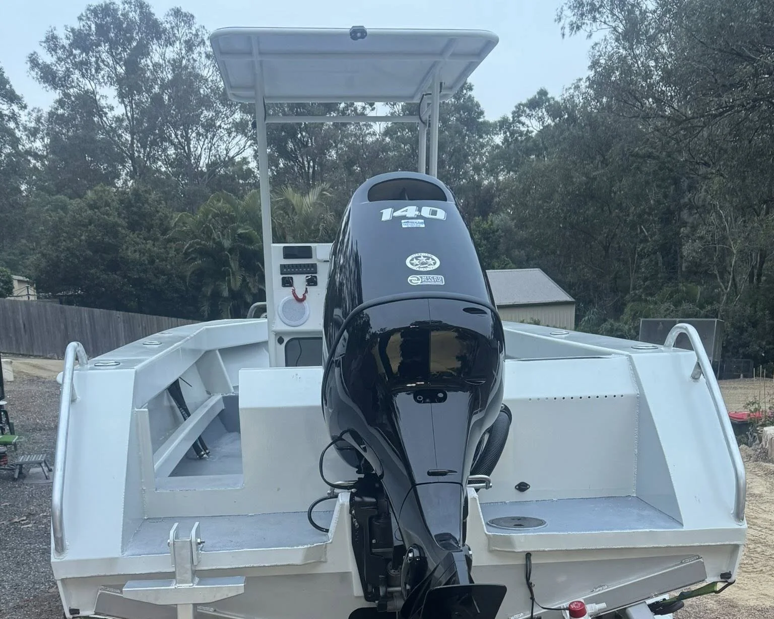 Sherwood Marine 530CC - 5.3m Centre Console aluminium boat kit - stern view with the outboard fitted
