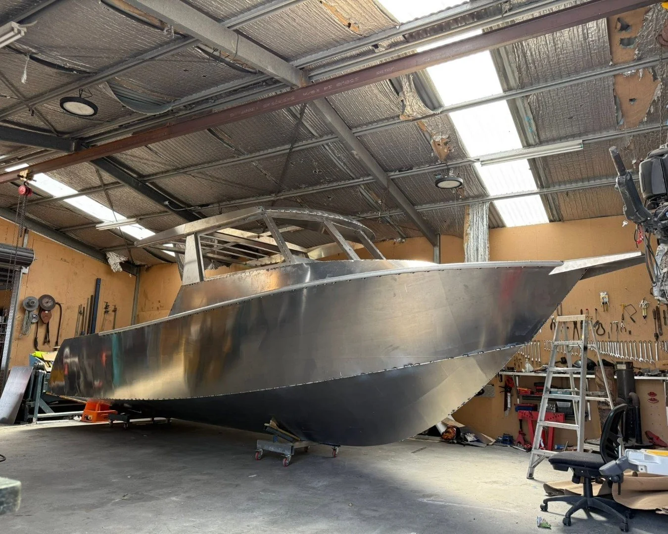 Sherwood Marine 830HTX - 8.3m Extended Hardtop aluminium boat kit - bare hull, starboard bow quarter, hardtop on
