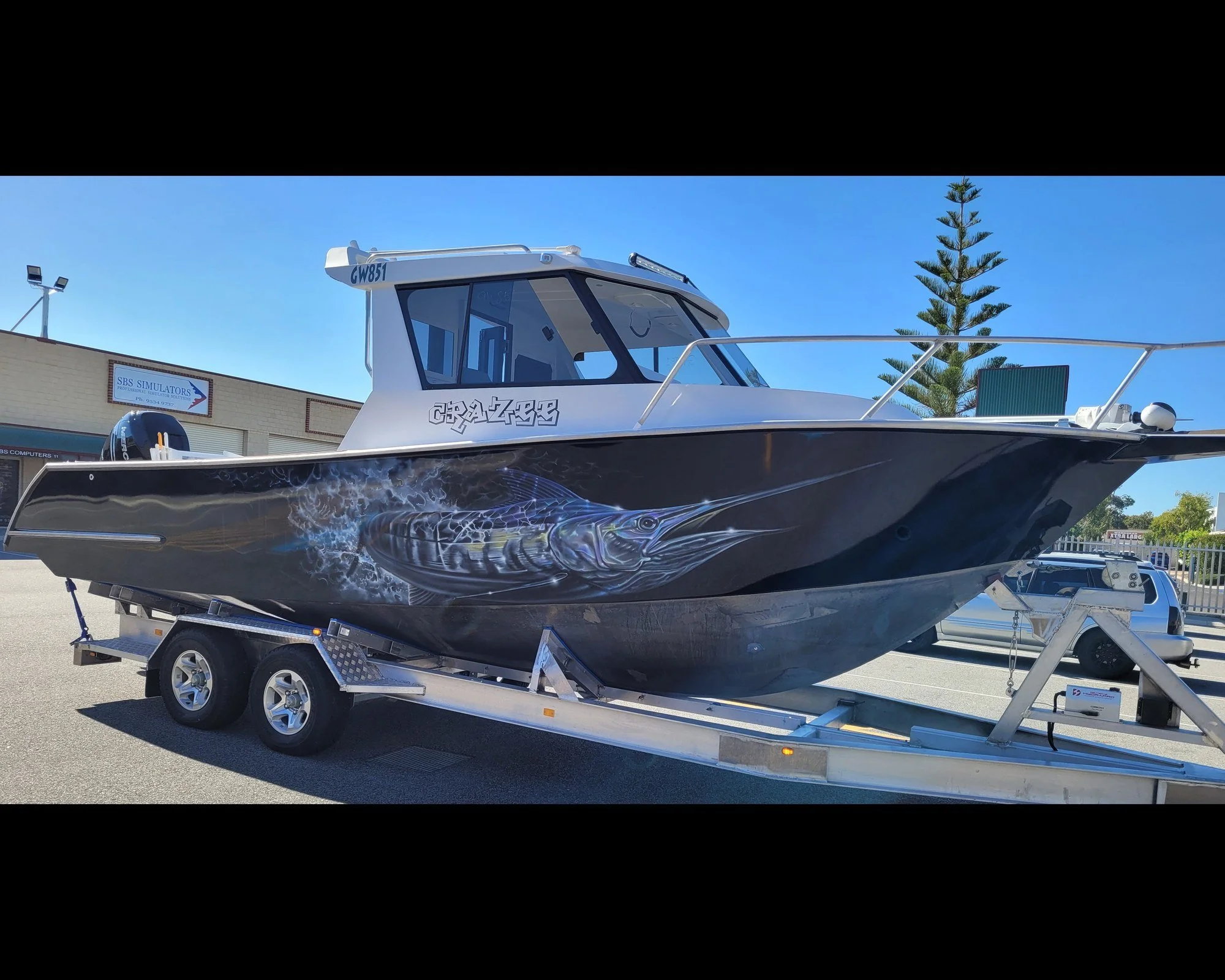 Sherwood Marine 830CAB - 8.3m Full Cab aluminium boat kit - on trailer, starboard profile
