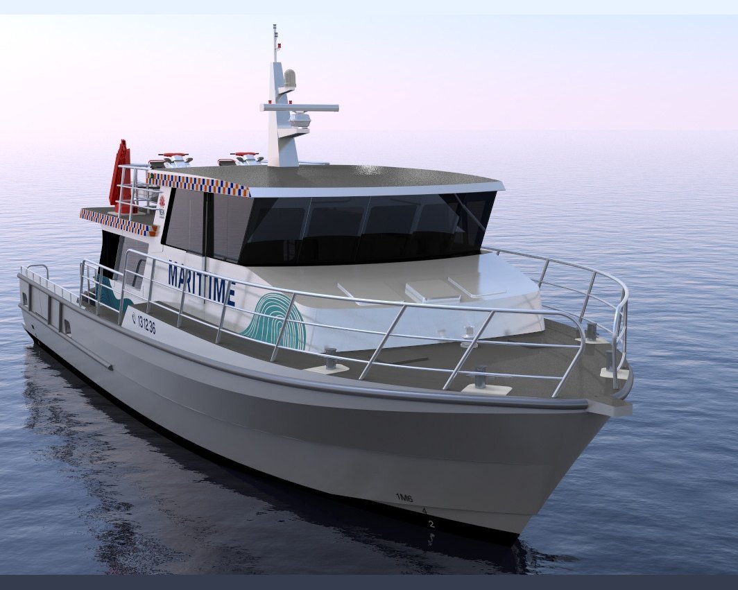 20m TfNSW patrol vessel, design render, close bow quarter view.
