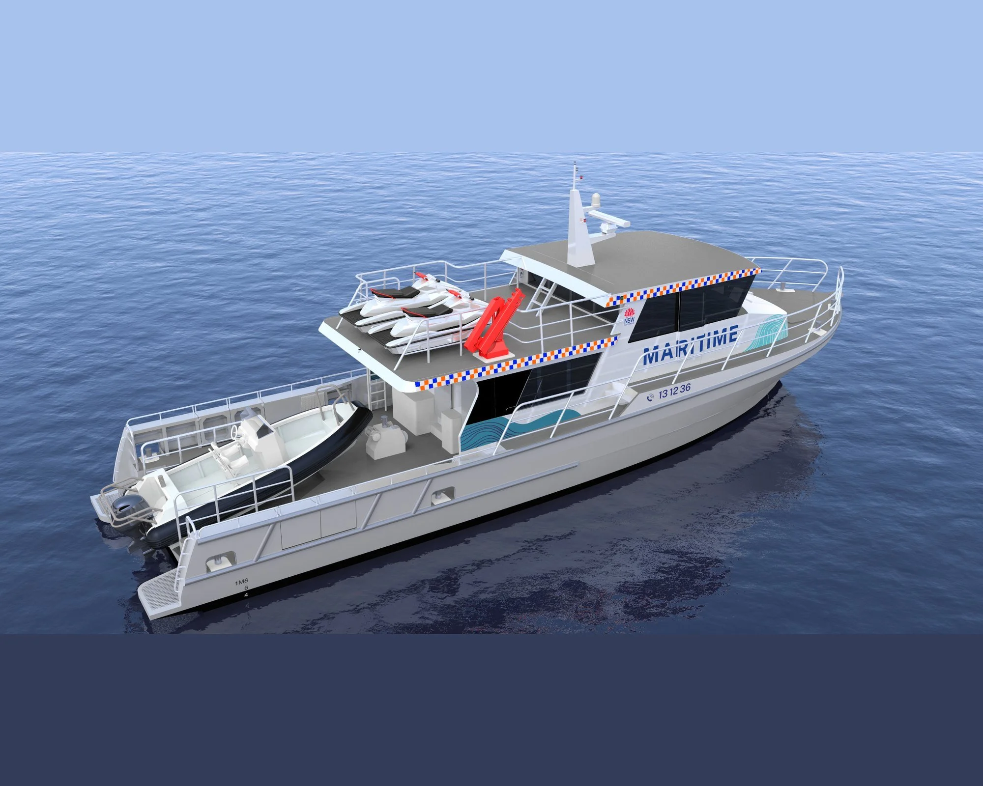 20m TfNSW patrol vessel, design render, stern quarter view.