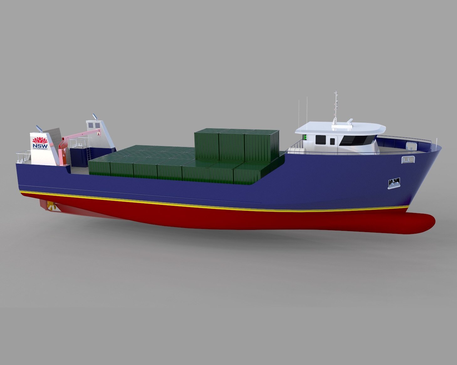 Lord Howe Island 40m cargo vessel, concept render, profile view.