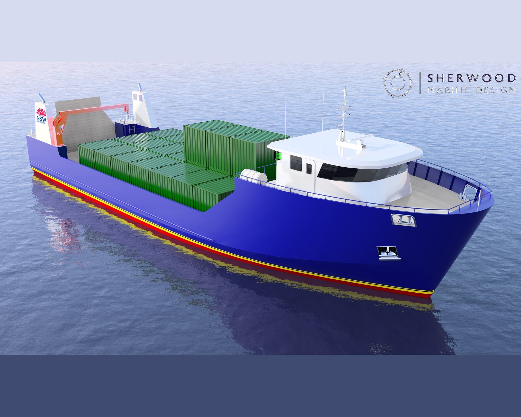 Lord Howe Island 40m cargo vessel, concept render, elevated bow quarter view.