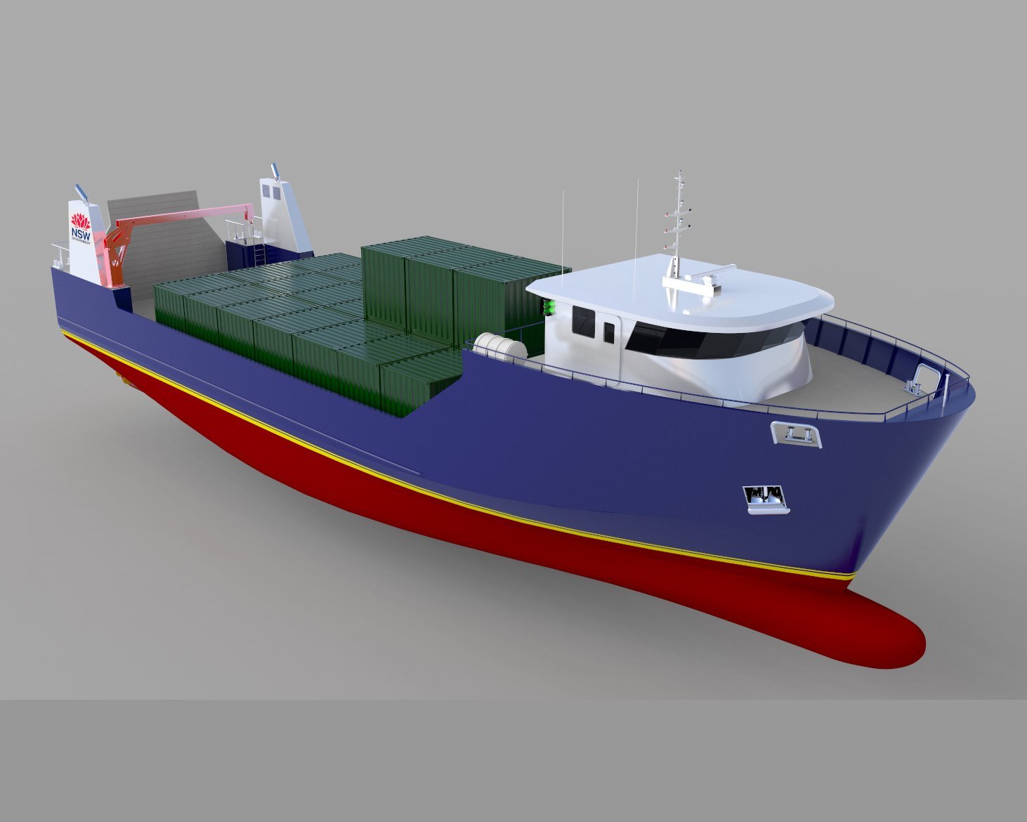 Lord Howe Island 40m cargo vessel, concept render, bow quarter view.