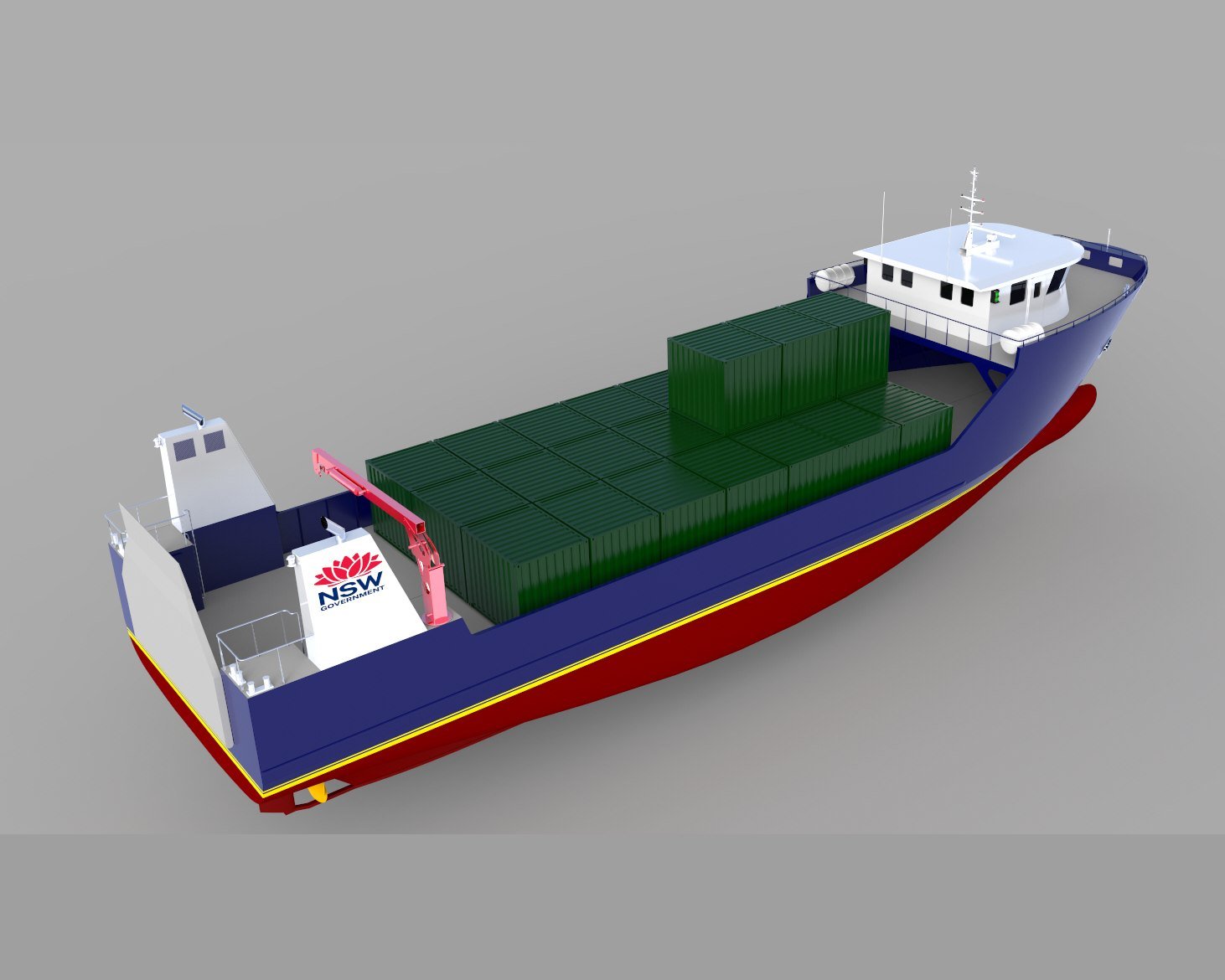 Lord Howe Island 40m cargo vessel, concept render, stern quarter view.