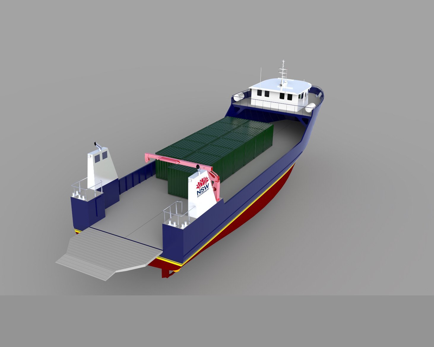 Lord Howe Island 40m cargo vessel, concept render, stern ramp deployed.