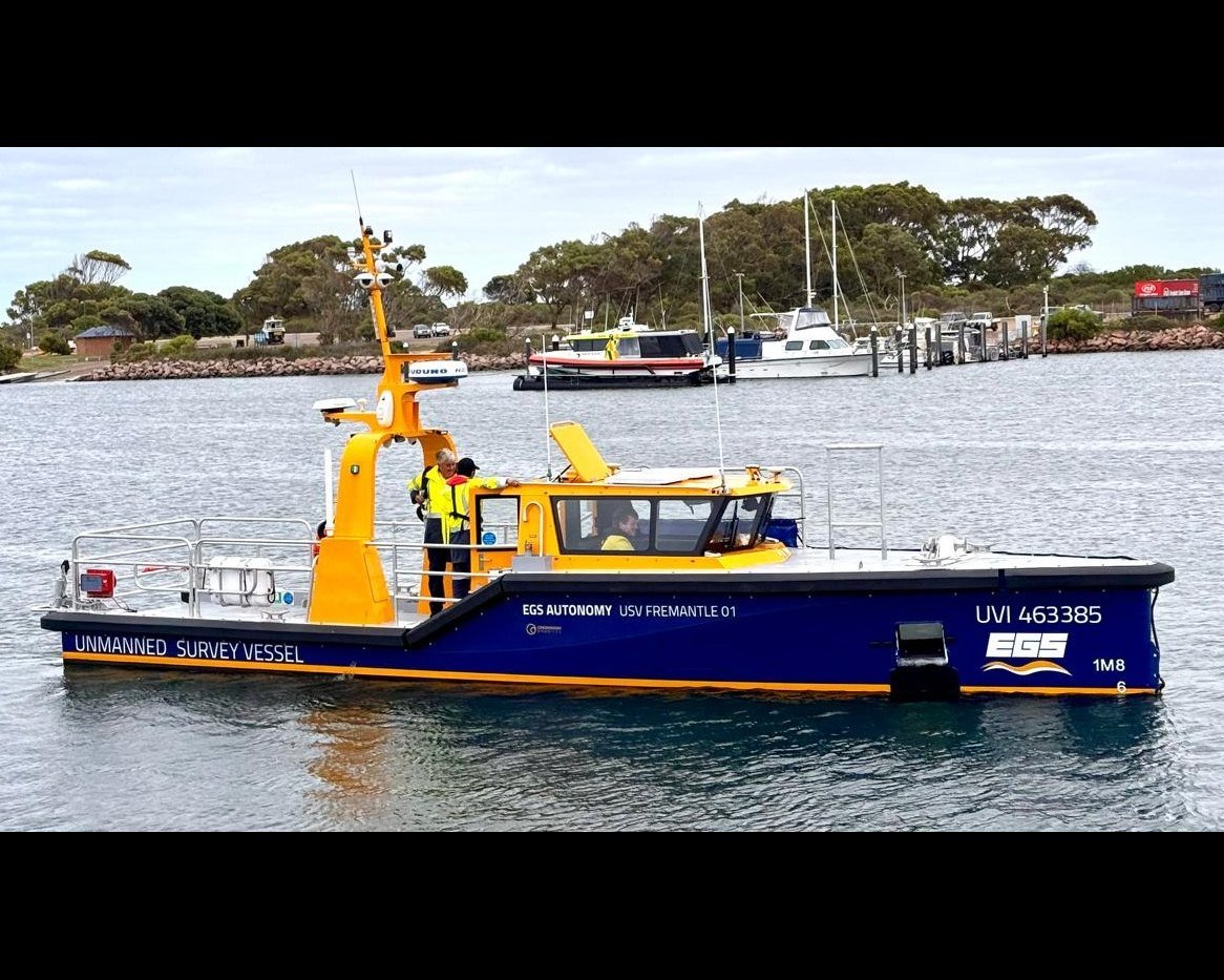 11.5m unmanned survey vessel, first contract deployment WA. alongside the berth.