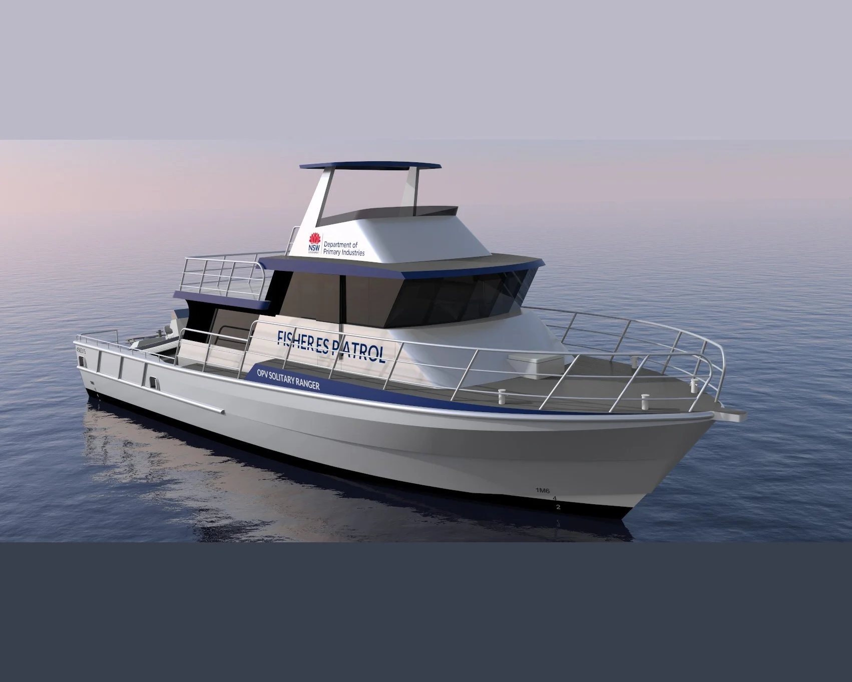 20m fisheries patrol vessel, design render, starboard bow view.
