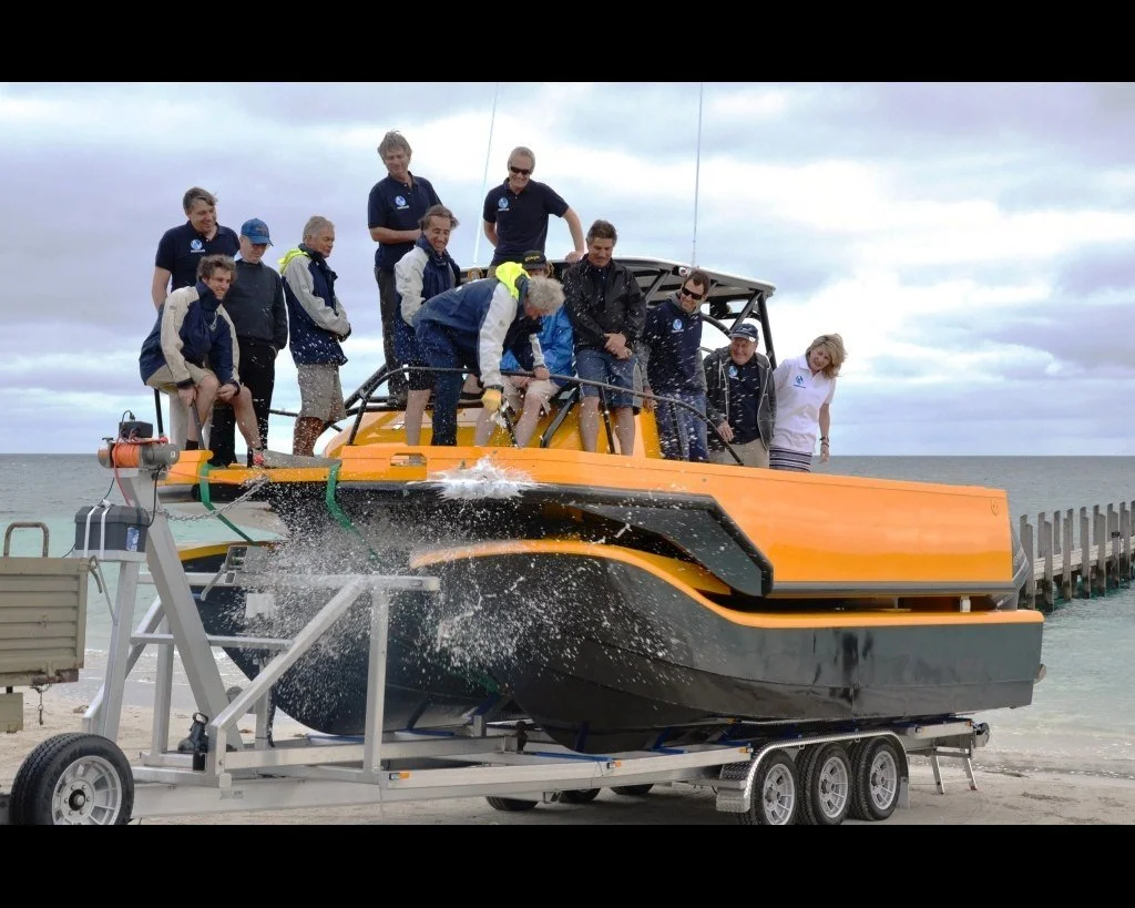 8m R&amp;D catamaran 2-Play at its christening before launch.
