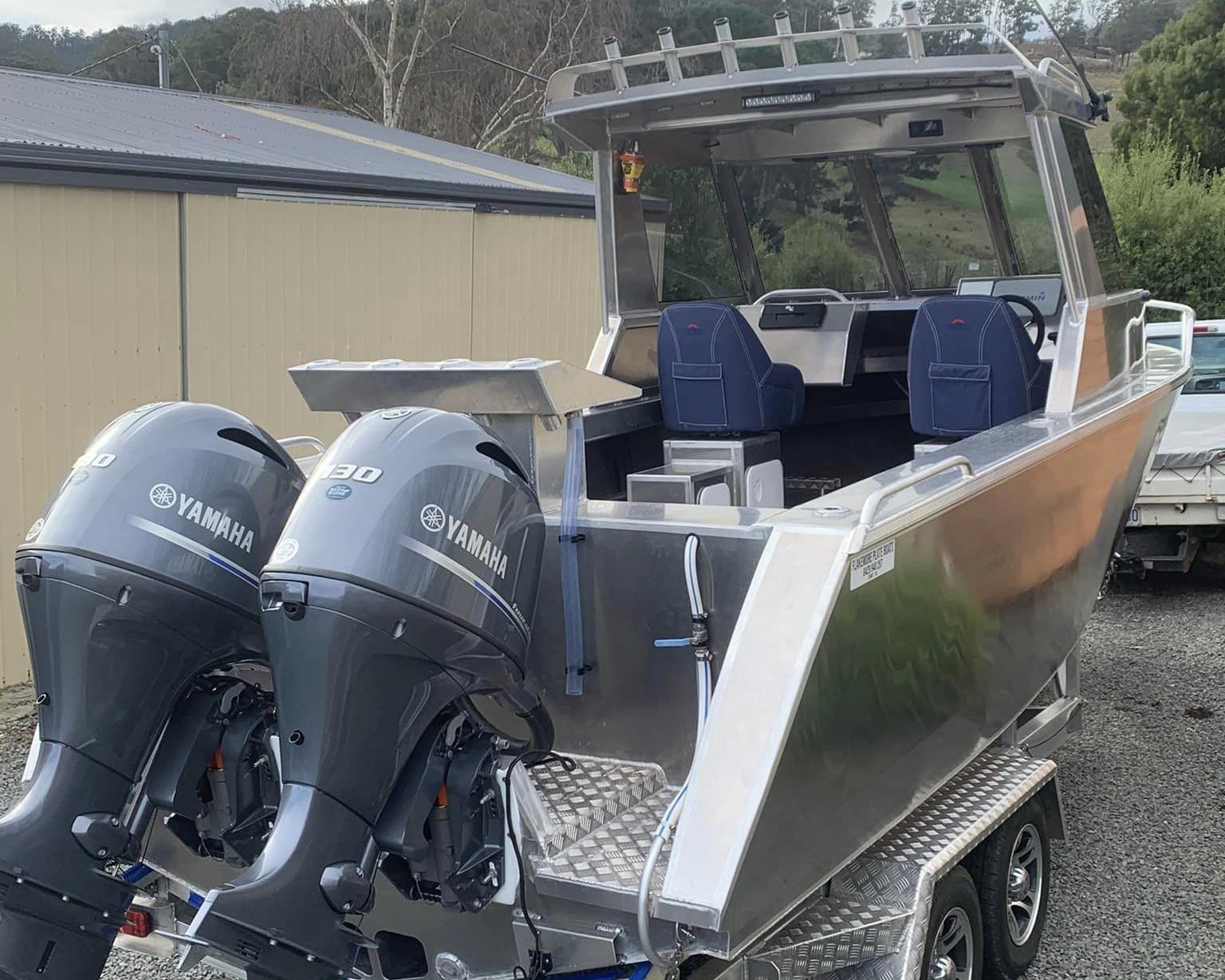 Sherwood Marine 680HT - 6.8m Hardtop aluminium boat kit - stern quarter with twin outboards
