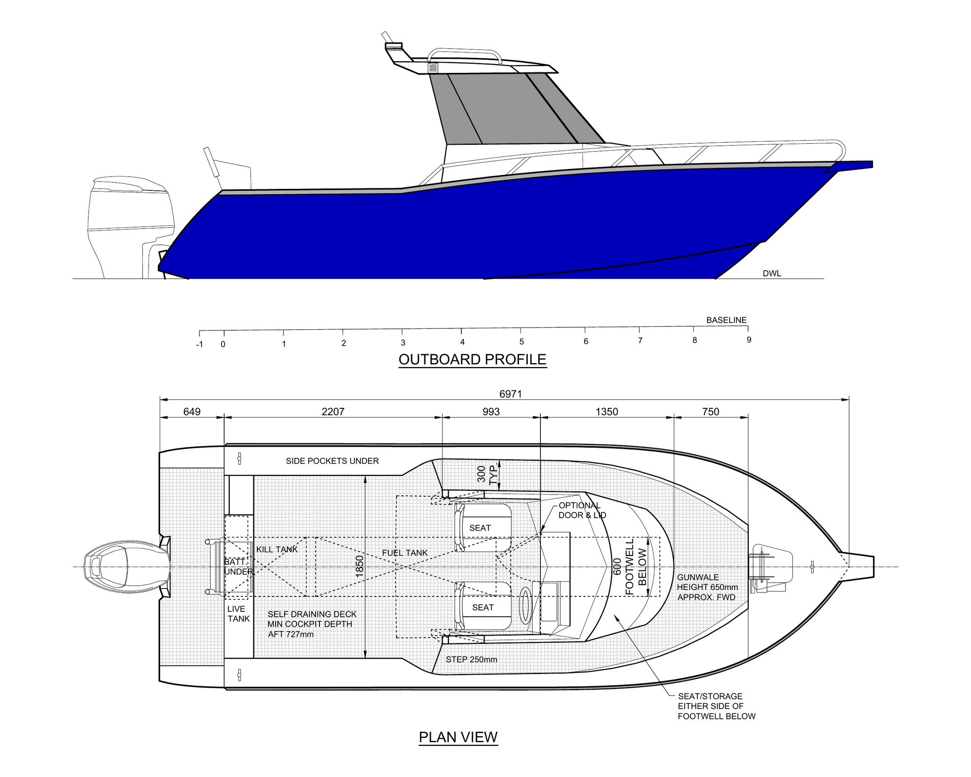 Sherwood Marine 700CCB - 7m Centre Cab aluminium boat kit - GA
