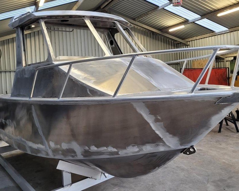 Sherwood Marine 600HT - 6m Hardtop aluminium boat kit - bare hull under construction, starboard bow quarter

